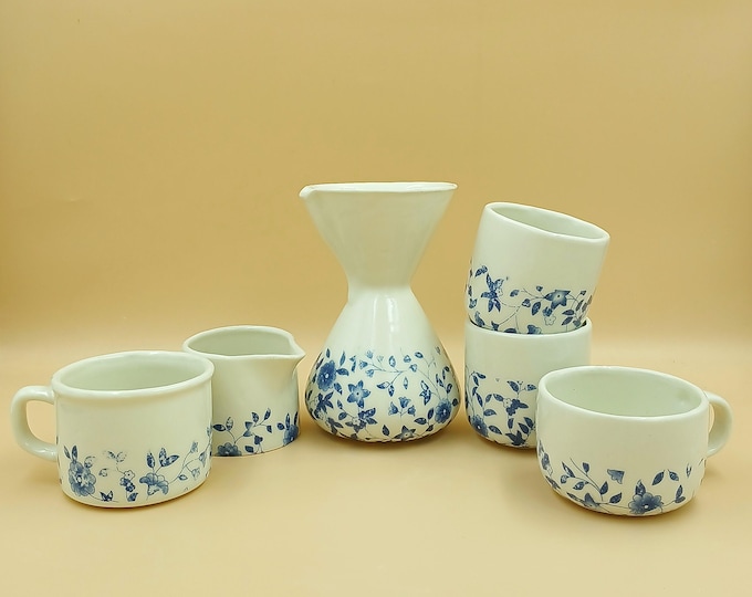 Handmade White & Blue Floral Stoneware Coffee Maker Set, Pour-Over Brewer, Cups and Milk Jar
