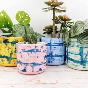 Sustainable Plant pots, 14 or 16 cm diameter planters made with recycled plastic, colourful hand painted plant pots