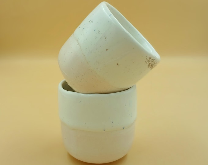 Set of 2 Handmade Earthenware Tumbler Cups – Soft Pink & White with Blue Speckles