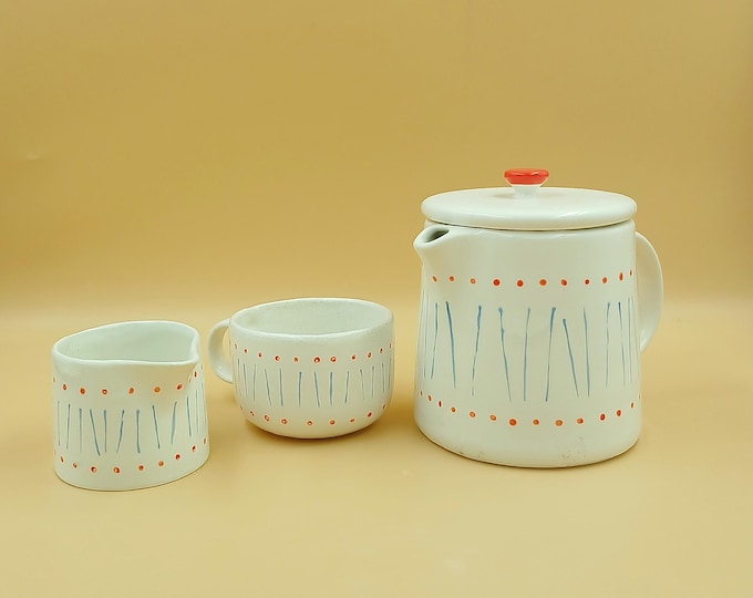 Earthenware Tea Set, Blue Lines & Red Dots - Teapot, Cup and Milk Jar