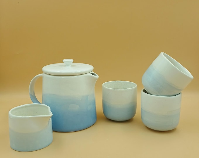 Earthenware Tea Set – Soft Blue & White Teapot, Mug, Cups and Milk Jar