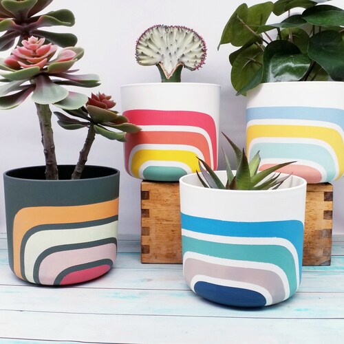 Retro Rainbow Lines Planter: Hand Painted Recycled Plastic Plant Pot
