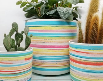 Grandes jardinières colorées, 25, 22,18 cm - Cache-pots d'intérieur écologiques, blanc et couleurs mélangées