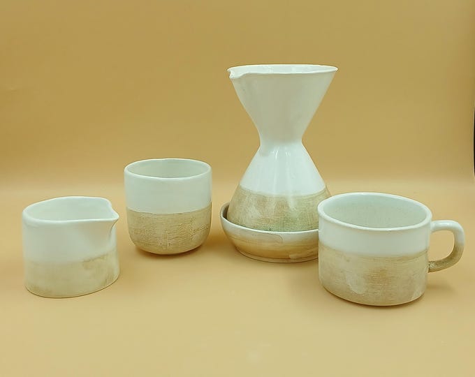 Handmade Earthenware Coffee Maker Set | Beige & White Pour-Over Brewer with Saucer, Cups and Milk Jar.