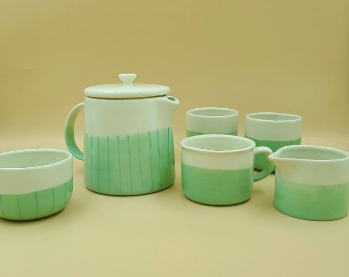 Stoneware Tea Set - White & Green Ceramic Teapot, Cups and Milk Jar