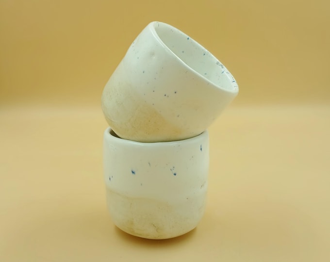 Set of 2 Handmade Earthenware Tumbler Cups – Sand Beige & White with Blue Speckles