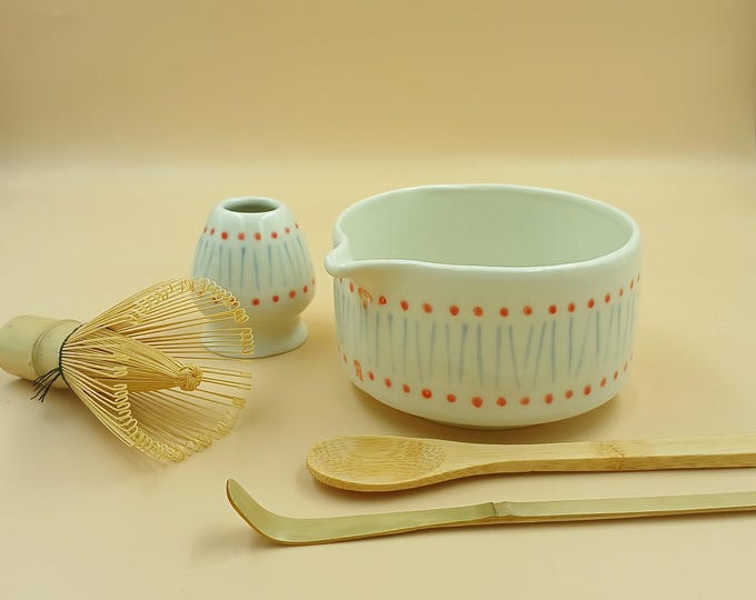 Stoneware Matcha Set - Blue Lines & Red Dots | Glaze Fault (Second)