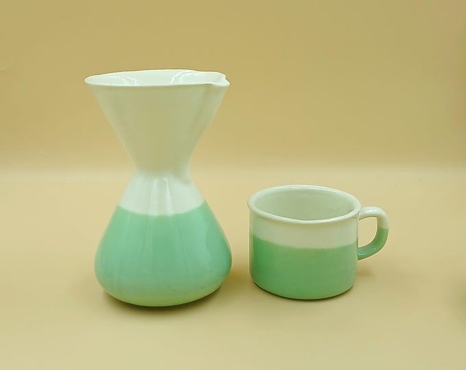 Handmade Stoneware Coffee Maker Set - Green & White Ceramic Pour-Over Brewer and Mug