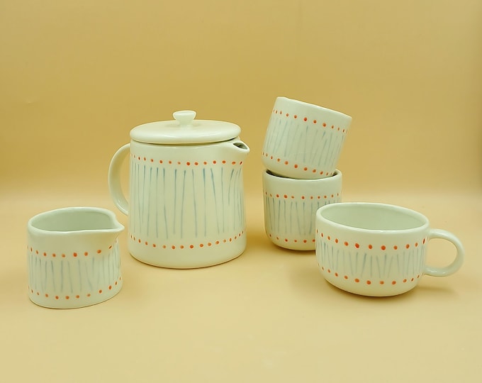 Stoneware Tea Set - Blue lines & Red Dots Ceramic Teapot, Cups and Milk Jar