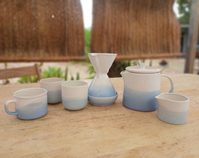 Earthenware Tea Set – Beige & White Teapot, Mug, Cup and Milk Jar