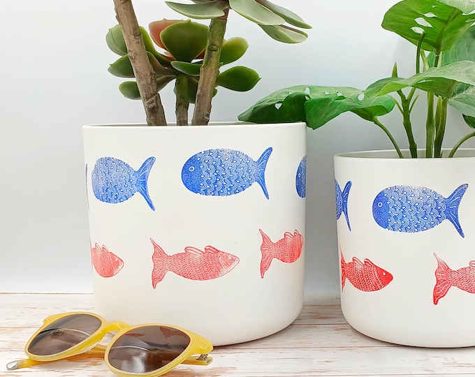 Indoor Planter - 14 & 16 cm diameter, plant pots made of recycled pastic, blue and red fish