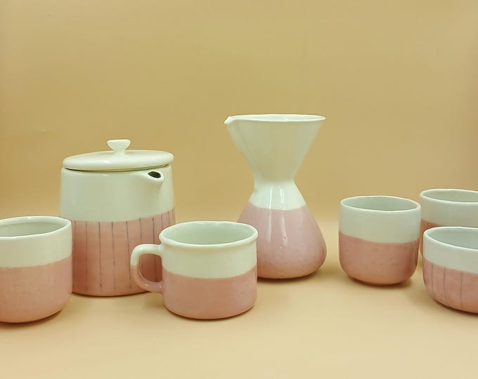Handmade Stoneware Coffee Collection | Indigo & Beige Ceramic Coffee Set | Chemex, French Press, Mugs and Milk Jars | Artisan Pottery Gifts
