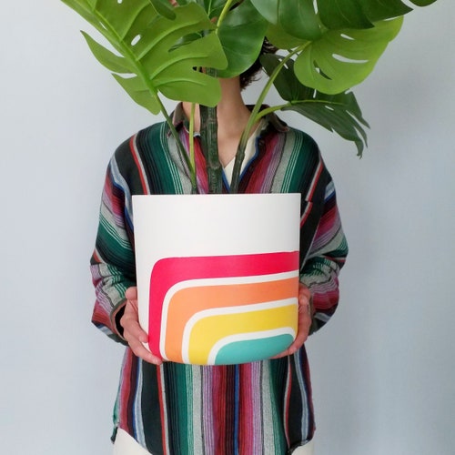 Retro - lines Large Planters - Eco friendly plant pots, hand painted made of recycled plastic.