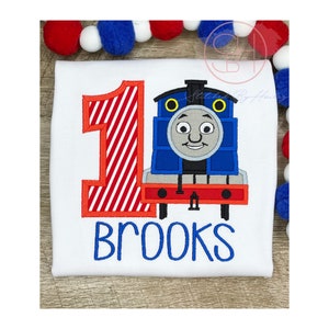 Boys Birthday Shirt Embroidered Name Thomas Theme with train