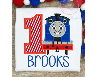Boys Birthday Shirt Embroidered Name Thomas Theme with train