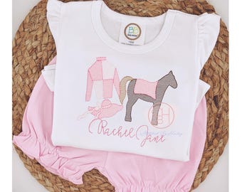 Girls Horse Derby Personalized Summer Shirt Monogram Name Embroidered Top