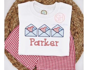Personalized Boys Valentines Shirt: Embroidered Heart Envelopes