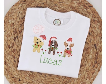 Boys Personalized Christmas Shirt: Embroidered Puppy Design