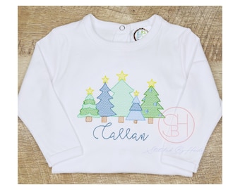 Personalized Boys Christmas Shirt: Embroidered Tree Monogram