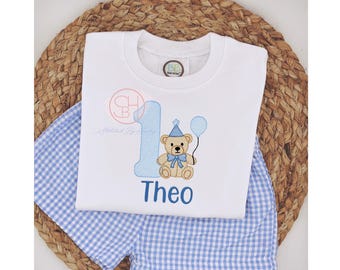 Boys Teddy Bear 1st Birthday Embroidered Shirt or Bodysuit