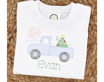 Personalized Boys Christmas Shirt: Embroidered Tree Truck