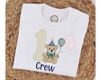 Boys Teddy Bear Birthday Shirt: Embroidered Bearly One Bodysuit