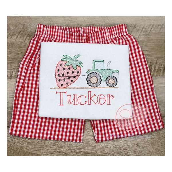 Boys Summer Strawberry Picking Tractor Personalized Shirt Bodysuit Onesie with Name Embroidered 3M 6M 9M 12M 2T 3T