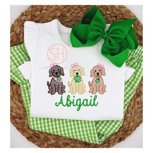 Girls St Patricks Day Shirt, Personalized Girls St. Patricks Day Shirt, Embroidered Puppys and Clover Shirt with Name