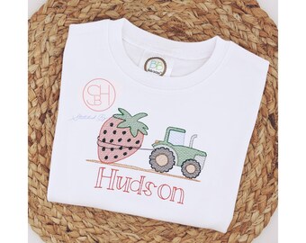 Boys Summer Strawberry Picking Tractor Personalized Shirt Bodysuit with Name Embroidered 3M 6M 9M 12M 2T 3T