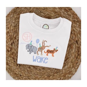 Personalized Boys Zoo Animal Birthday Shirt, Boys Party Animal Birthday Shirt Embroidered with Name