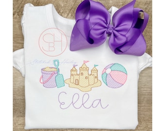 Girls Personalized Summer Shirt Monogram Name Embroidered Sand Castle Shirt