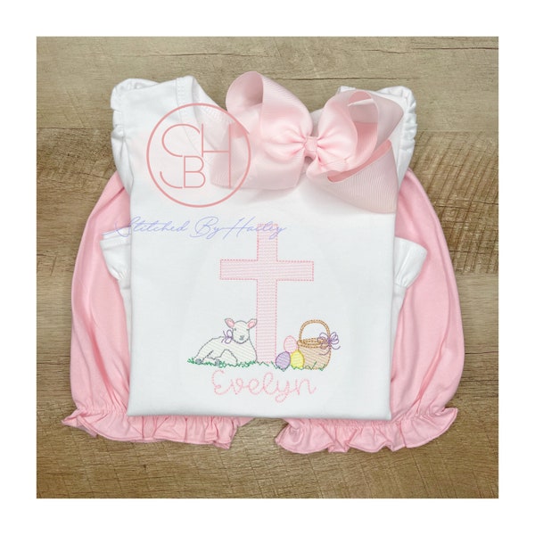 Girls Easter Church Shirt Cross and Lamb Kids Bodysuit Personalized Toddler or Baby with Name Embroidered