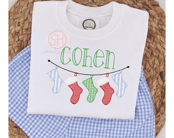 Personalized Boys Christmas Shirt: Embroidered Stockings, Monogrammed Toddler Tee