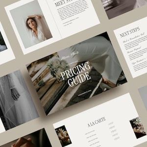 May include: A wedding photography pricing guide with a white background and black text. The guide includes pricing for packages and à la carte options. The image also includes photos of a bride and groom.