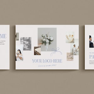 May include: A white card with blue text that says "PACKAGE NAME" and "YOUR LOGO HERE" with a collage of images of wedding details, including a bouquet of white flowers, a pair of white shoes, and a couple.
