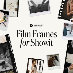 Op de afbeelding: Een collage van afbeeldingen in verschillende filmframe-stijlen, waaronder Polaroid, 35mm-film en Super 8-film. De afbeeldingen tonen bruiloft-gerelateerde thema's, zoals een bruidstaart, een bruid en bruidegom, en een bruidsjurk. De tekst "Film Frames for Showit" wordt in het midden van de collage weergegeven.