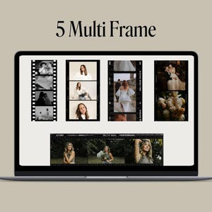 May include: A laptop computer screen displaying a mockup of a photo editing app with five different frames. The frames contain images of people and flowers. The text "5 Multi Frame" is displayed at the top of the screen.