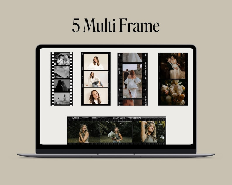 May include: A laptop computer screen displaying a mockup of a photo editing app with five different frames. The frames contain images of people and flowers. The text "5 Multi Frame" is displayed at the top of the screen.