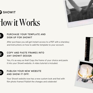 May include: A three-step guide on how to use Showit to create a website. The steps are: 1. Purchase your template and sign up for Showit. 2. Copy and paste frames into any Showit design. 3. Publish your new website and show it off!