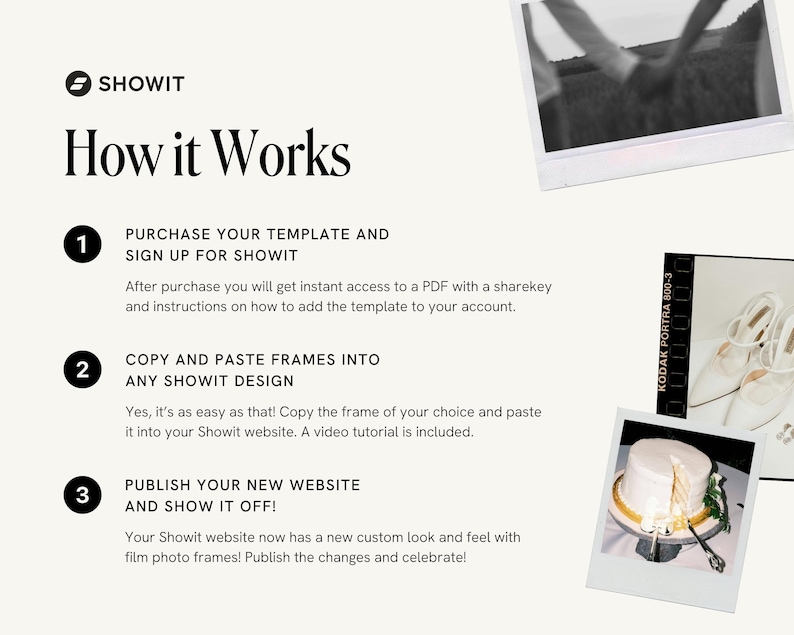 May include: A three-step guide on how to use Showit to create a website. The steps are: 1. Purchase your template and sign up for Showit. 2. Copy and paste frames into any Showit design. 3. Publish your new website and show it off!