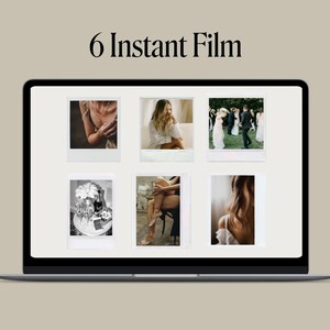 May include: A laptop screen displaying six instant film photos. The photos show a variety of subjects, including a woman in a white dress, a couple dancing, and a close-up of a flower.