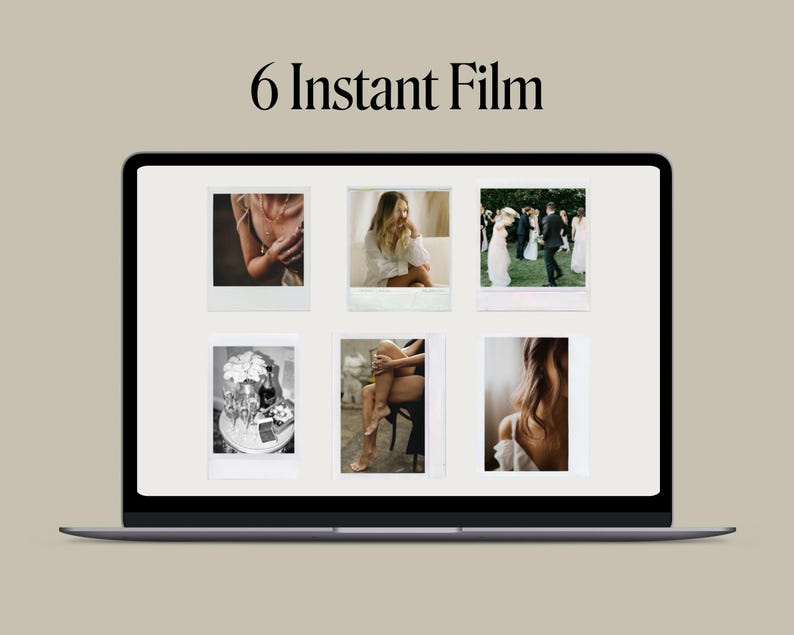 May include: A laptop screen displaying six instant film photos. The photos show a variety of subjects, including a woman in a white dress, a couple dancing, and a close-up of a flower.