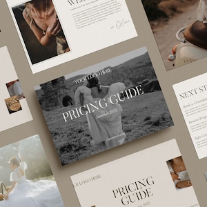May include: A black and white photo of a bride walking away from the camera in a field. The text "PRICING GUIDE" is in white on a black background. The text "Summer 2025" is in white on a black background.