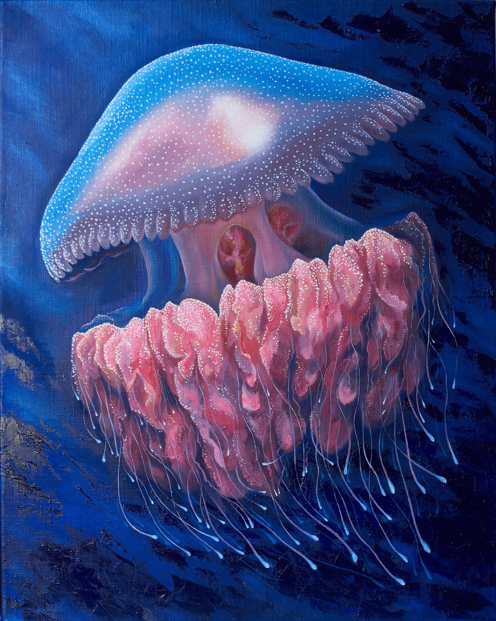 Jellyfish on canvas. Large original oil painting. Blue color Etsy