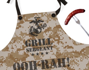 Chef Apron – Marine Camo “Grill Sergeant” Apron | OOH-RAH! | Green or Desert Colors | Quality Chefwear | Military Gift | Fun BBQ Dad Apron