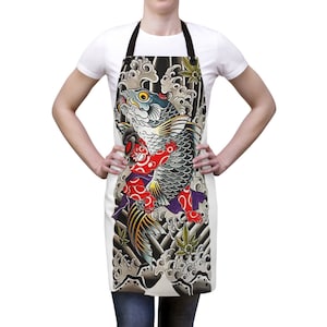 Delantal de chef japonés con tatuajes de Yakuza: diseño de guerrero Oni y pez Koi