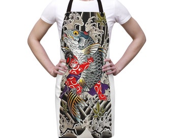 Japanese Yakuza Tattoo Chef Apron: Oni Warrior & Koi Fish Design