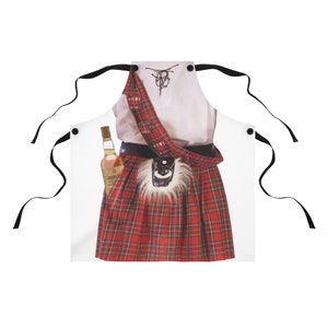 Chef Apron - Scottish Kilt with Whiskey Bottle | Quality Chefwear | Green or Red Kilt | Cooking Apparel Gift | Fun Gift  | Easy Costume