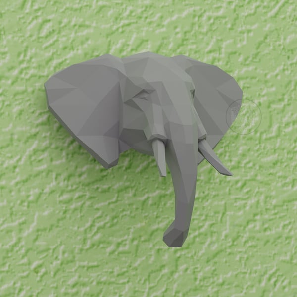 Modèle de papier tête d'éléphant bricolage 3D, trophée d'éléphant, animal Low Poly, art 3D en papier bricolage, modèle imprimable en papier 3D, statue en papier bricolage