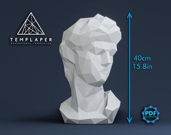DIY 3D David head (Michelangelo) paper model, Low Poly Sculpture, Paper 3D Art, Printable 3D papercraft template, DIY Paper Statue